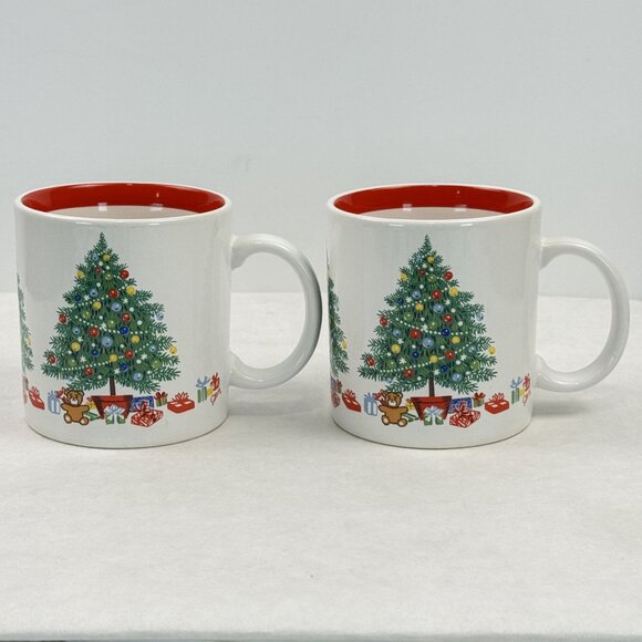 Set Of 2 Vintage Christmas Tree Mugs Himark Japan 12 oz White Red Reversed Stamp - Picture 3 of 12